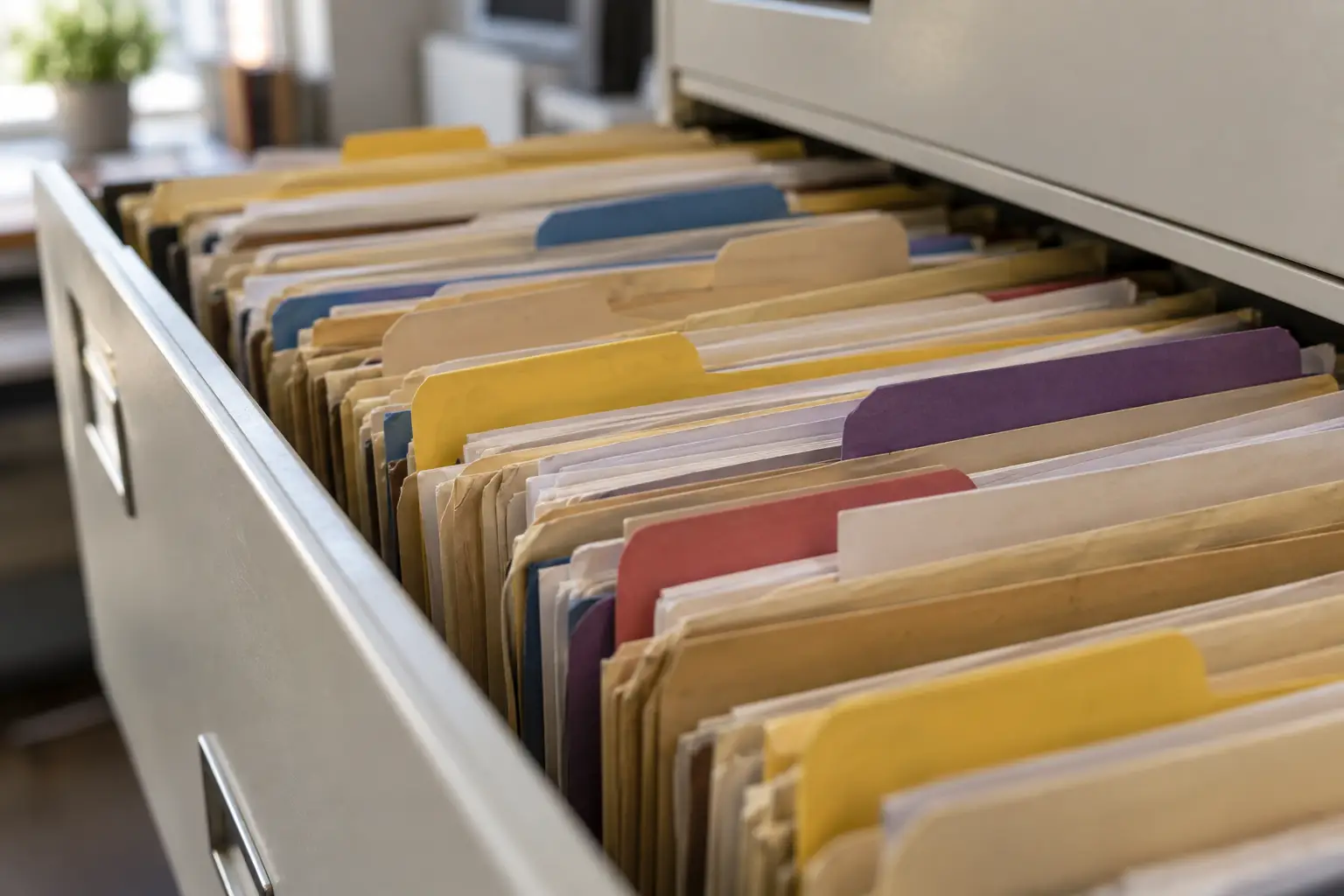 An open filing drawer of labelled folders