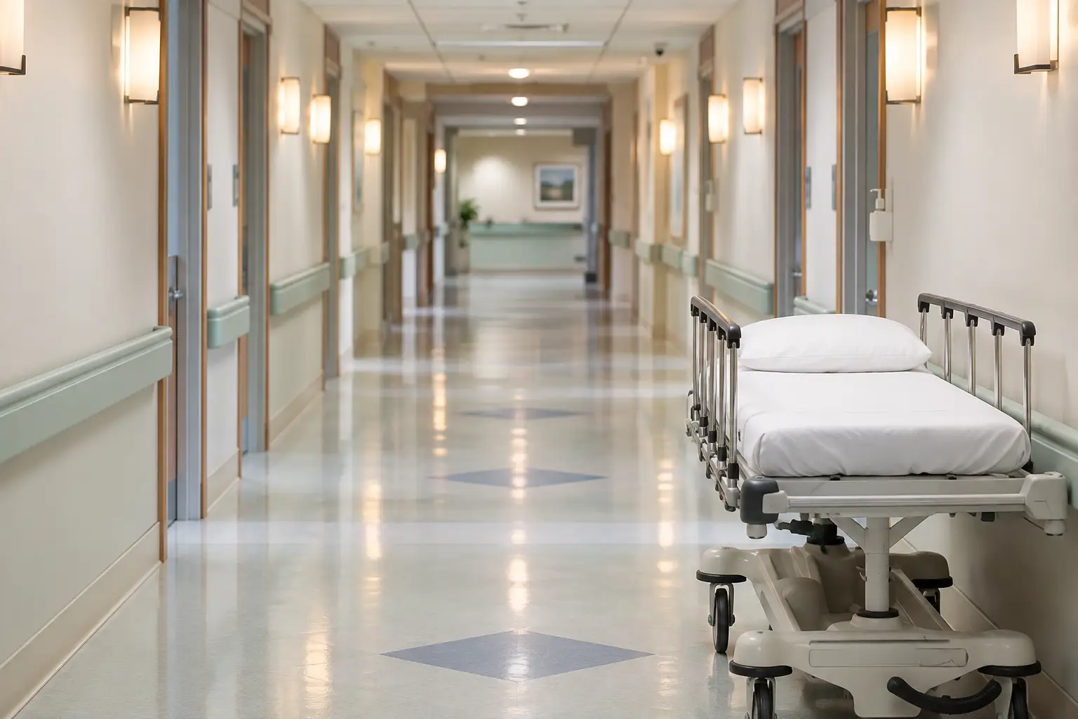 A hospital corridor with the lights on and no one in it