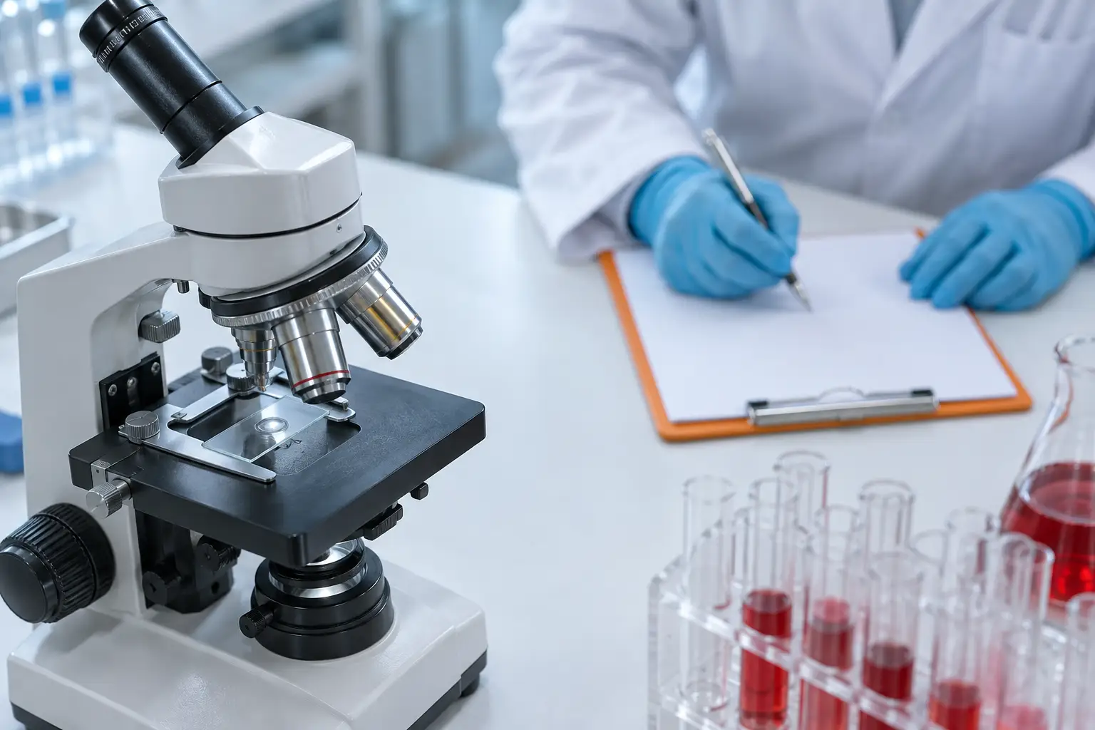 Gloved hands adjusting a microscope on a laboratory bench