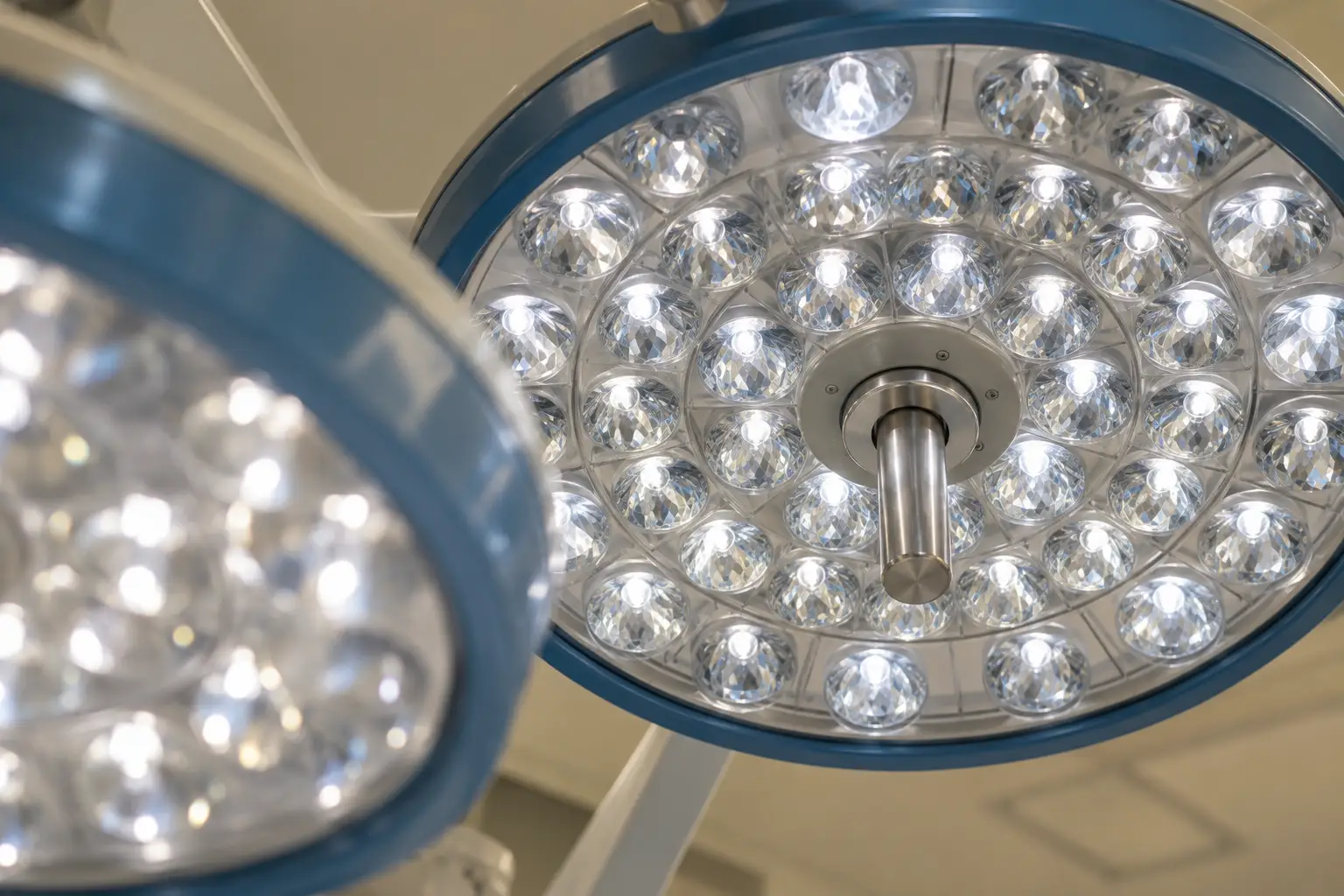 Two surgical lights seen from below
